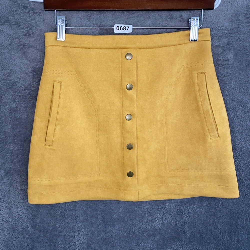 Small Yellow Faux Suede Miniskirt Button Front Pocket Mod GoGo 70S